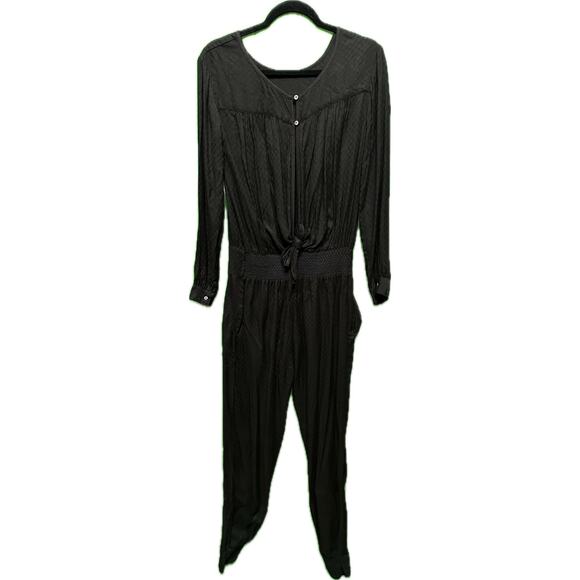 Flannel Black Long Sleeve Jumpsuit with Smocked Waist - Size 1 Small NWT - Picture 2 of 14